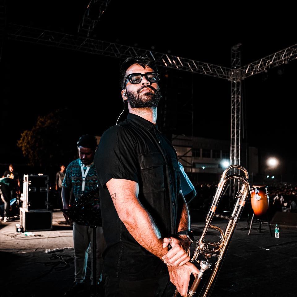 RJT backstage with trombone - Clown With A Frown